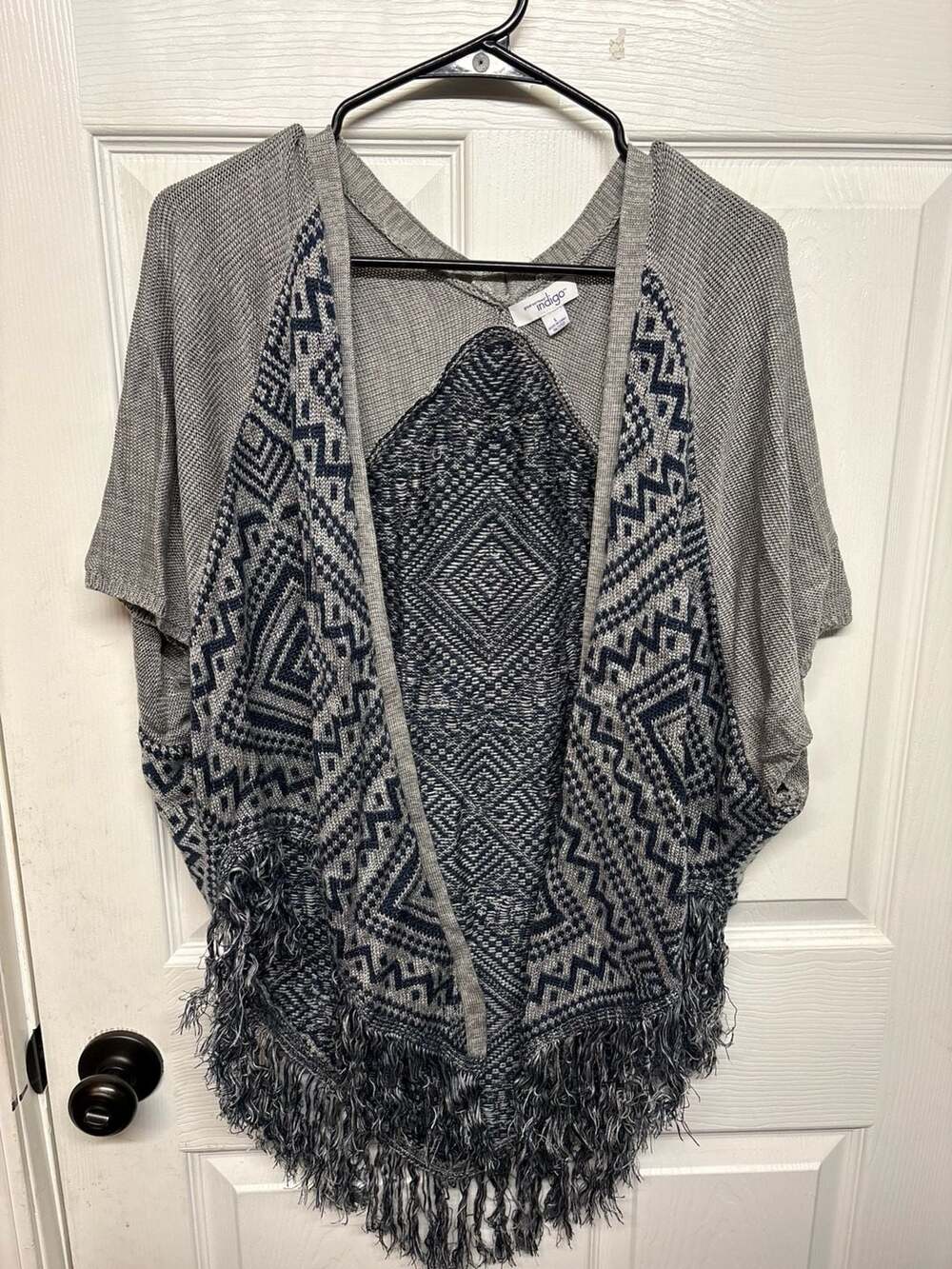 Great Northwest Indigo Poncho Size L Gray Blue Aztec Fringe Cardigan